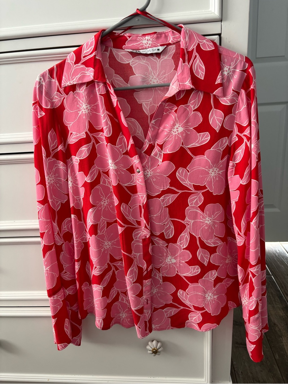 Zara Red Blouse with Pink Floral Print